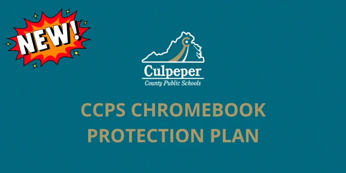 teal graphic with gold letters that say CCPS Chromebook Protection plan with the CCPS logo in the middle, and a red icon that says News in the top left corner 