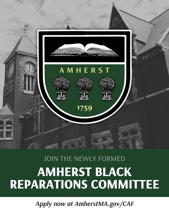 black and white photo of town hall with town of amherst logo.