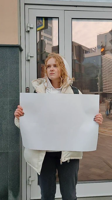 25 Feb 2022

A court in Rostov-on-Don arrested activist Anastasia Nikolaeva for eight days. In court, her interests were defended by lawyer Sergei Kovalevich, who cooperates with OVD-Info.

Nikolaeva was found guilty under the article of disobedience to a police officer because of a one-man picket with an empty sheet.

Src: https://x.com/OvdInfo/status/1497263016387117057?ref_src=twsrc^tfw|twcamp^tweetembed|twterm^1497263016387117057|twgr^2c84decde4008e6f4365cd03067d10242fcdc855|twcon^s1_&ref_url=https://www.newsweek.com/russia-ukraine-war-invasion-protests-police-arrest-activists-holding-blank-signs-paper-1687603
