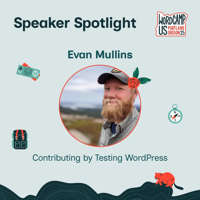 Announcement about Evan Mullins speaking at WordCamp US.