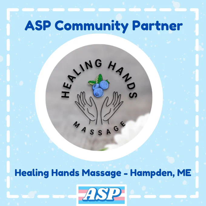 The Healing Hands Massage logo on a blue background, with text above and below. ASP logo is at the bottom. A white dotted line creates a border. Text above reads: “ASP Community Partner'' and text below reads: “Equality Health Center - Concord, NH”