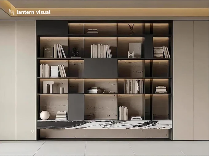 A photorealistic 3D rendering of an intricately designed custom bookcase. The composition blends dark gray modules, light wood-grain back panels, and striking black-and-white veined marble countertops, complemented by integrated lighting. Lantern Visual delivers not just lifelike renderings but precise millwork specifications. We empower North American woodworkers and cabinet makers to streamline design workflows, freeing them to focus on core production and sales. Opt for our VIP Design Subscription to enjoy unlimited requests, revisions, and dedicated support.