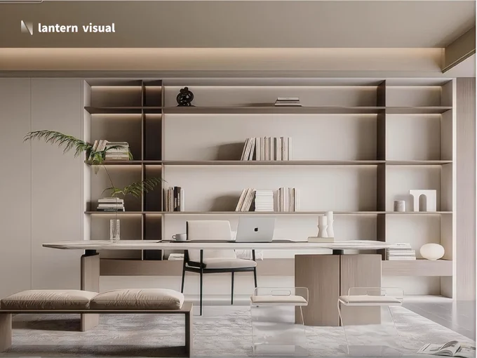 A photorealistic 3D rendering of a luxury home study. The backdrop features a floor-to-ceiling custom bookshelf in warm-toned wood with integrated soft linear lighting. At the center of the room sits a minimalist desk, chair, and matching bench. For North American interior designers seeking a dependable creative partner, Lantern Visual seamlessly extends your team’s capabilities. With our monthly subscription design service, you can explore unlimited space planning and design concepts like this—all with a guaranteed 48-hour initial draft delivery.