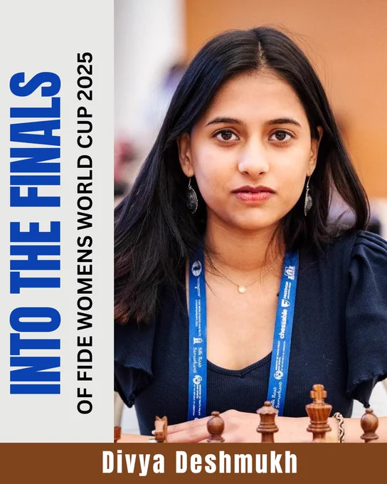 ✅ First Indian EVER to reach the Finals of the FIDE Women’s World Cup
✅ Officially qualifies for the Women’s Candidates Tournament
✅ Secures her 1st Grandmaster norm

All at once. At 19.
This isn’t just winning games—it’s rewriting what's possible.

And here’s the best part: She’s not done yet.
The finals await, and we’re cheering her every move.

Waiting to see if it’s Humpy or Lei in the final face-off—but today, it’s already a win for Indian chess.