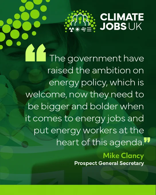 Quote graphic from Prospect General Secretary Mike Clancy: "The government have raised the ambition on energy policy, which is welcome, now they need to be bigger and bolder when it comes to energy jobs and put energy workers at the heart of this agenda"