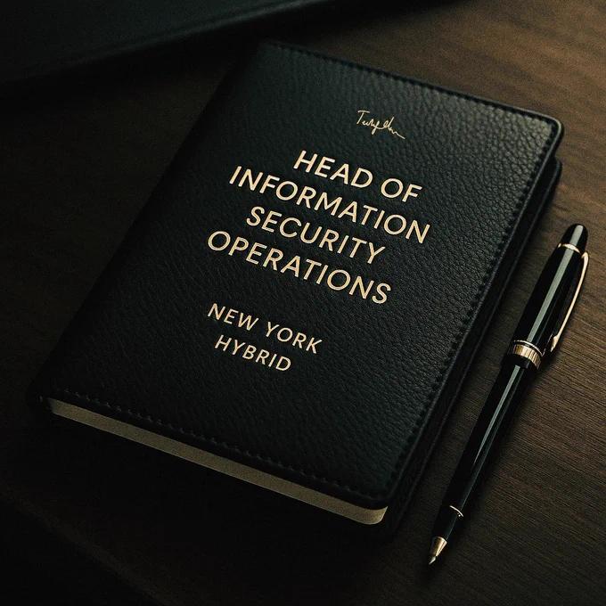 Job graphic for Head of InfoSec Operations role in New York. A high-end executive setting suggests seniority and leadership, with bold text reading “Head of InfoSec Operations – New York – Hybrid Working.” Suited for a cybersecurity leader overseeing detection, response, and threat intel at a global hedge fund.