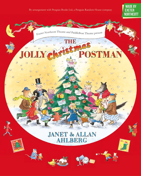 Exeter Northcott Theatre and Paddleboat Theatre present The Jolly Christmas Postman. Janet & Allan Ahlberg. All manner of animals and people are dancing around a Christmas tree.