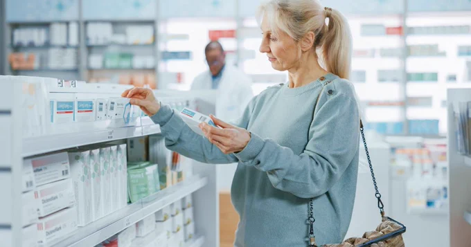 Woman selecting boxes from a pharmacy shelf 