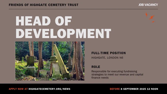 Head of Development text above a vignette of Highgate Cemetery