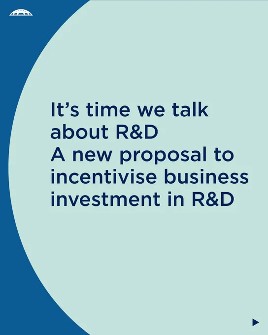 Promotional graphic by European Commission highlighting a new proposal to incentivize investment in Research and Development (R&D), with text "It's time we talk about R&D. A new proposal to incentivize investment in R&D" on a dark blue background.