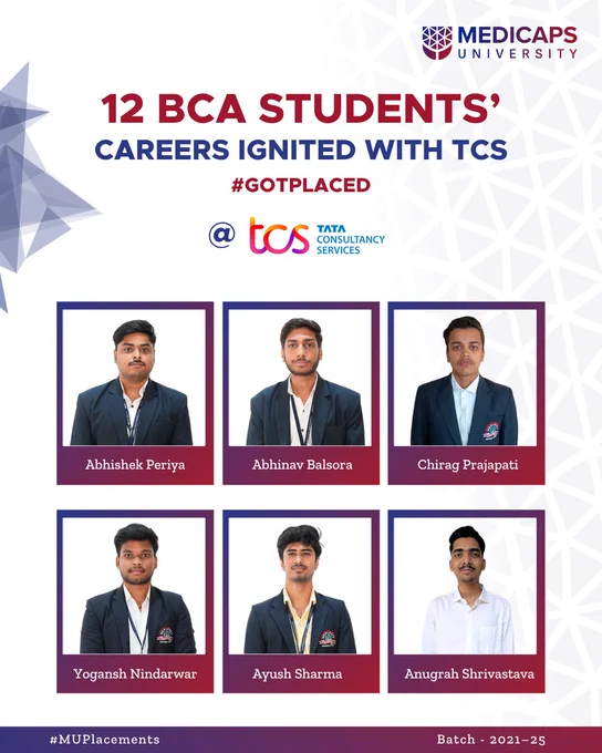 12 BCA students from Medicaps University are placed at TCS Smart Ignite, representing success in the best education in Computer Applications at Medicaps University.