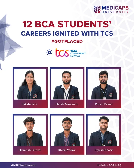 12 BCA students from Medicaps University are placed at TCS Smart Ignite, representing success in the best education in Computer Applications at Medicaps University.