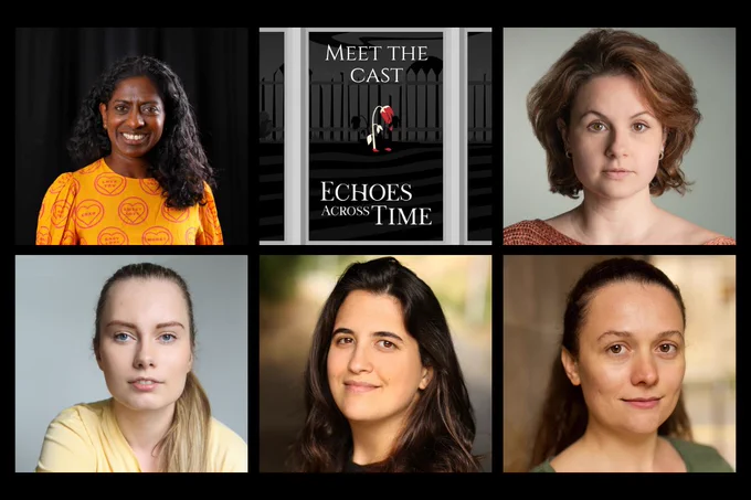 6x2 grid showing headshots of the five members of the Echoes Across Time team, with a graphic of the Echoes Across Time rose being seen through a window.