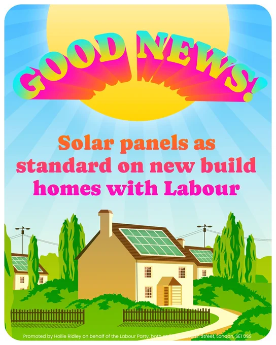 Image of house and solar panels. Image of sun at top. Text: Good news! Solar panels as standard on new build homes with Labour.