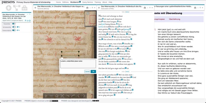 Screenshot of a PRISMS workbench showing an annotated digital facsimile, full-text transcription, and scholarly online edition.