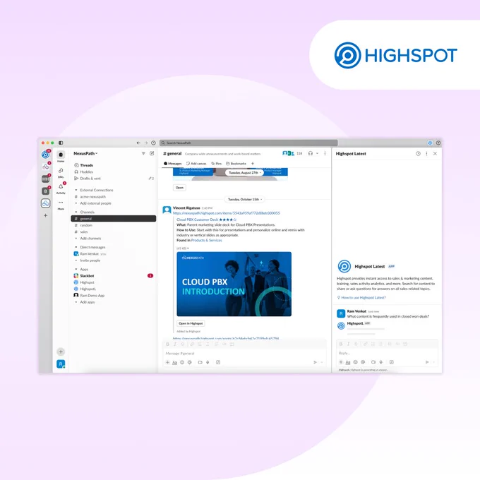 Screenshot of a Highspot interface displaying a cloud PBX introduction presentation.