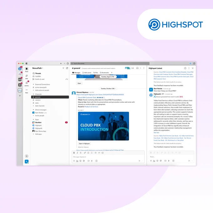 Screenshot of a Highspot interface showing a presentation titled "Cloud PBX Introduction" with various navigation and content windows open.