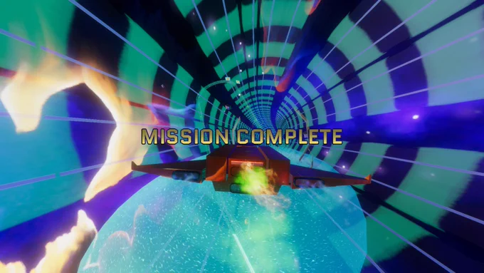 Velocity Loop Zero to Lightspeed in-game screenshot of the MISSION COMPLETE message from the alpha build 