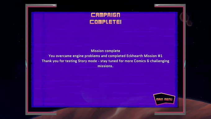 Velocity Loop Zero to Lightspeed RARE in-game screenshot message from mission complete screen from the alpha build 
