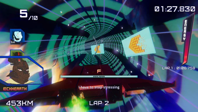 Velocity Loop Zero to Lightspeed in-game screenshot of Eckhearth preforming the "repair engines" QTE during the mission from the alpha build 