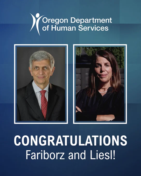 ODHS logo; Congratulations Fariborz and Liesl! photos of Fariborz Pakseresht and Liesl Wendt