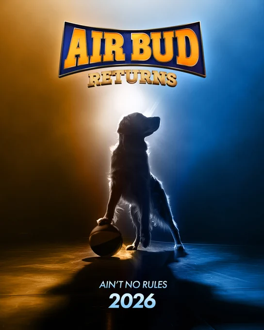 Silhouette of Air Bud on an orange and blue background, his paw is resting on a basketball as he looks off to the right.