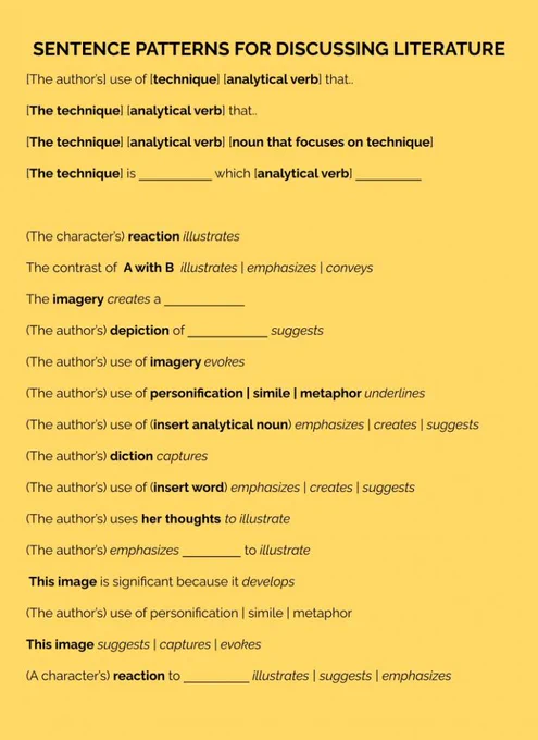 "Sentence Patterns for Discussing Literature" resource includes sentence stems like "The character's reaction illustrates ..." and "This image suggests/captures/evokes ..."