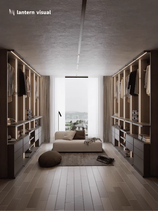 A hyper-realistic 3D rendering of a luxurious walk-in closet, crafted by Lantern Visual. Featuring dark wood cabinetry with sleek vertical LED lighting for an opulent touch, complemented by a large window showcasing outdoor views. With our efficient design subscription service, transform your design concept into a powerful sales tool within 48 hours—including unlimited revisions—perfectly tailored for you and your North American clients.
