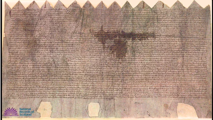 Marriage contract of Eric King of Norway and Margaret, daughter of Alexander III of Scotland, 25 July 1281. Closely inscribed archaic text on parchment. The parchment has a zig-zag-cut top edge, as this was the “Scottish” half of the contract document. The top half, containing the same text, would have been cut away and retained by the scribes of the Kingdom of Norway. Ref RH5/6.