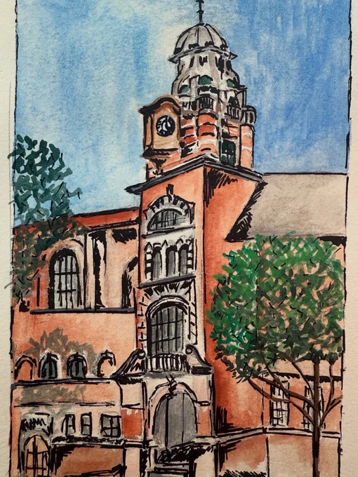 A watercolour painting of the College building, a red brick clock tower with a blue sky behind