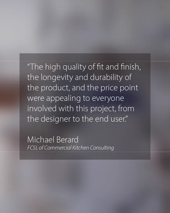 An image featuring a quote about the value of high-quality craftsmanship in project longevity and appeal, attributed to Michael Berard from Commercial Kitchen Consulting. The background is a gradient of dark hues.