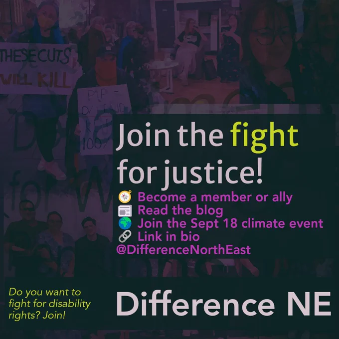 The same background image overlaid with text reading "Join the fight for justice! Become a member or ally Read the blog Join the Sept 18 climate event Link in bio"
