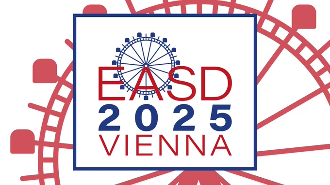 Logo for the EASD 2025 Annual Meeting in Vienna. The design features a large red and blue Ferris wheel, referencing Vienna’s famous Riesenrad, with the text "EASD 2025 VIENNA" centred in bold red and blue lettering. A blue outline frames the text.