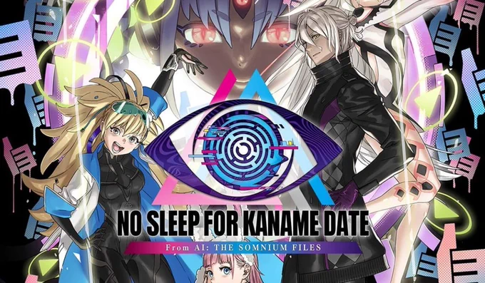 A vibrant graphic featuring anime-style characters around a central eye symbol, with bold colours, and musical elements, showcasing "No Sleep for Kaname Date."
