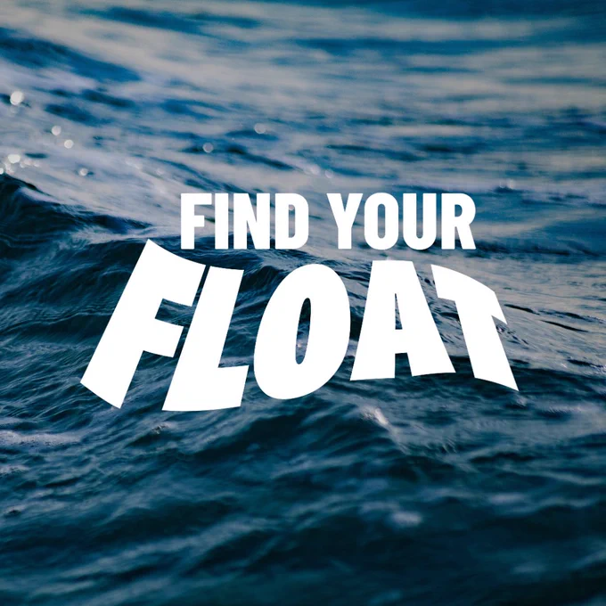 Text saying "Find Your Float" over a close-up of a calm ocean wave.