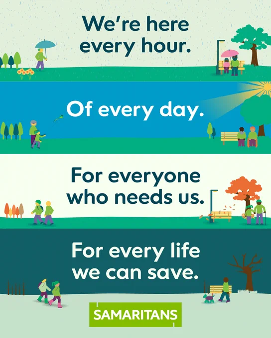 4 split panels with scenes of various individuals in parks and outdoor settings across different times of day, night and seasons with the text 'We're here every hour of every day. For everyone who needs us. For every life we can save.'