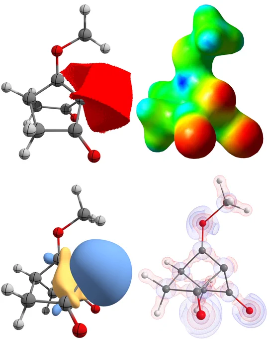 From top left to bottom right: ELF basin of a lone-pair corresponding to the carbanion, ESP map of the ylide showing the position of both a carbocation (blue p-hole) and a carbanion (red lump in the middle), NBO corresponding to the lone-pair, and the map of the Lapalcian of electron density, revealing the lone-pair. 