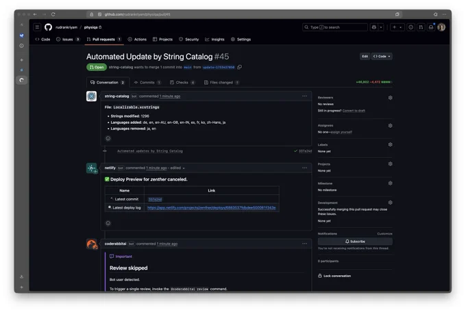 GitHub pull request #45 for "Automated Update by String Catalog" showing 1 commit, 1296 modified strings, and comments from bots on a dark background.
