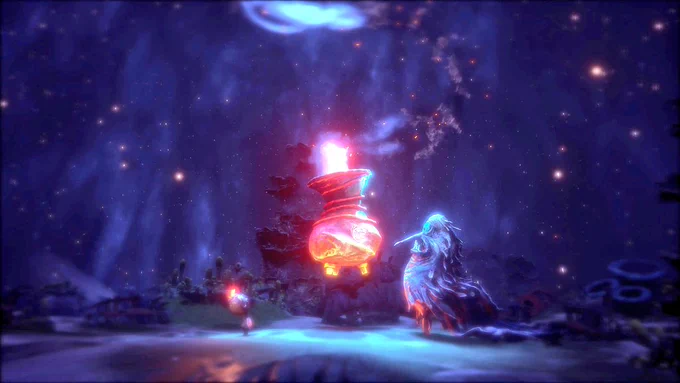 Potboy and the Loathsome Murkle stand opposite each other watching whilst a burning cauldron lifts from the floor of a gloomy cave. 