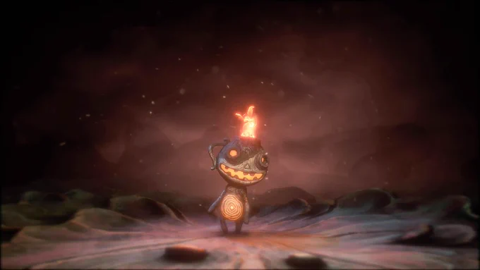 Potboy (a claymation oil/coal burner with a body and arms/legs and a face like a carved Halloween pumpkin) smiles at the Burnt One (that's you, first person perspective)