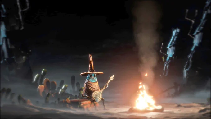 The Wanderer/Narrator sits at his campfire wearing his tall pointy hat and finally plays his banjo.