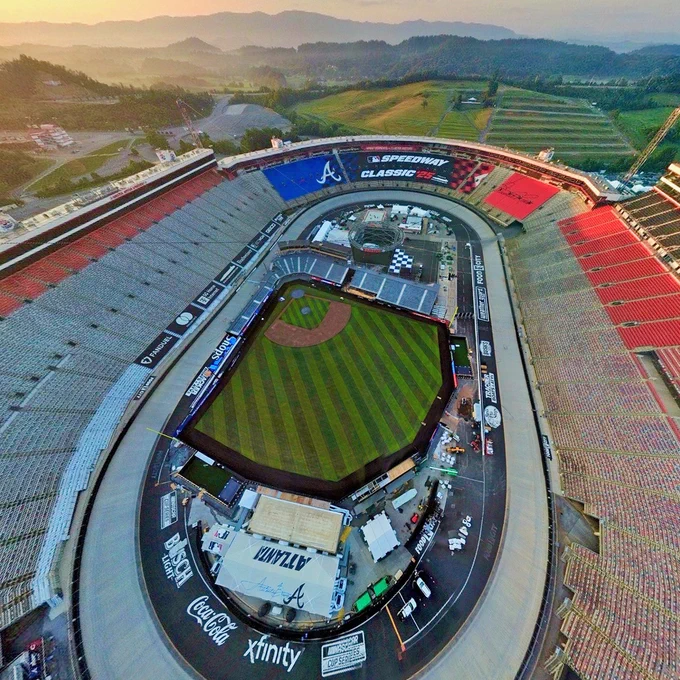 An arial view of Bristol Motor Speedway with a baseball field constructed on the inside of it.