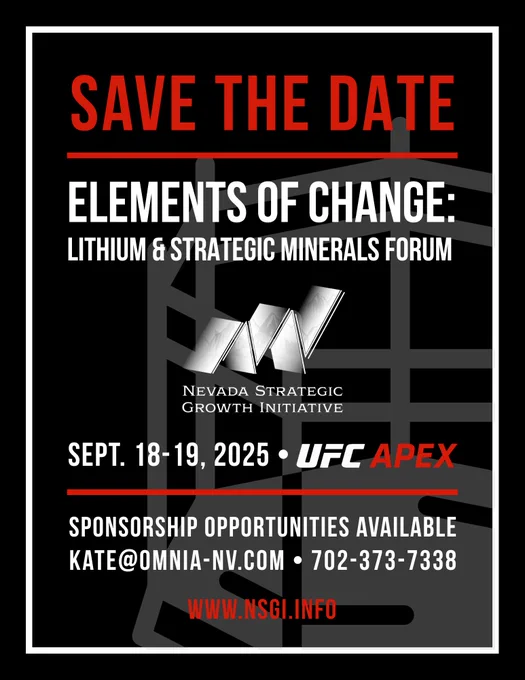 Nevada Governor's Lithium Summit is happening September 18-28,2025 in Las Vegas. Image is a red and black flyer that showcases event details as well as a link to the website: www.nsgi.info. 