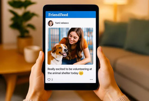 Hands hold a tablet displaying a "Friend Feed" social media post. The post shows "Tami Velasco" volunteering at an animal shelter with a dog, captioned "Really excited to be volunteering at the animal shelter today."