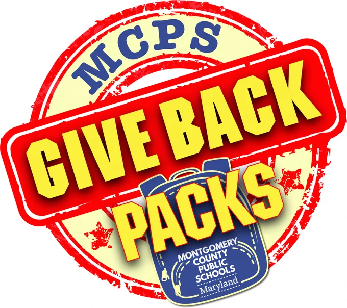 Red and yellow stamp design reading 'MCPS Give Back Packs' with a blue backpack icon labeled Montgomery County Public Schools Maryland.

