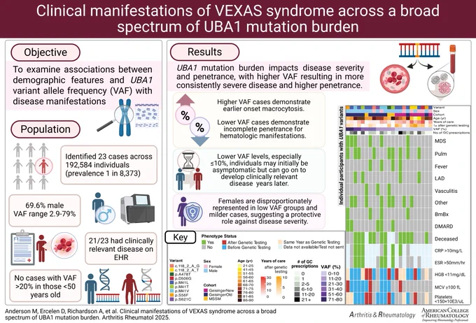 Clinical manifestations of VEXAS syndrome across a broad spectrum of UBA1 mutation burden. Graphical abstract created with BioRender
