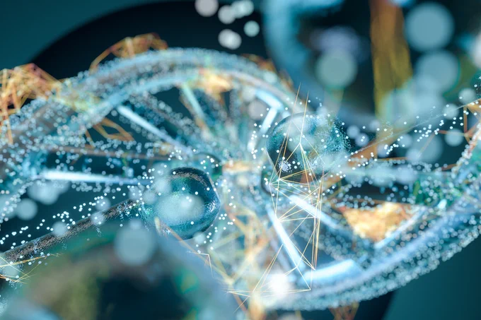 The image shows an illustrative representation of DNA - a blue and gold spiral. The image is designed to denote the life sciences.