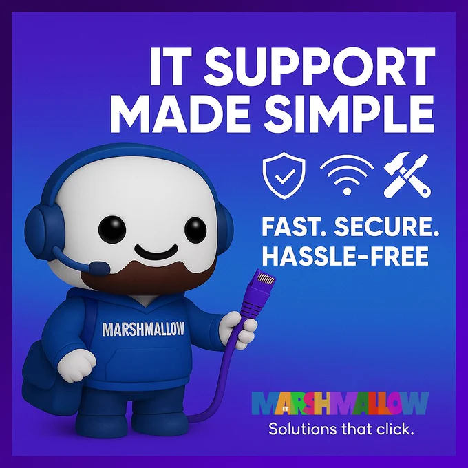A 3D marshmallow character wearing a blue hoodie with the word "MARSHMALLOW," blue headset, and holding a purple Ethernet cable. Bold white text reading "IT SUPPORT MADE SIMPLE" The Marshmallow logo and tagline "Solutions that click."