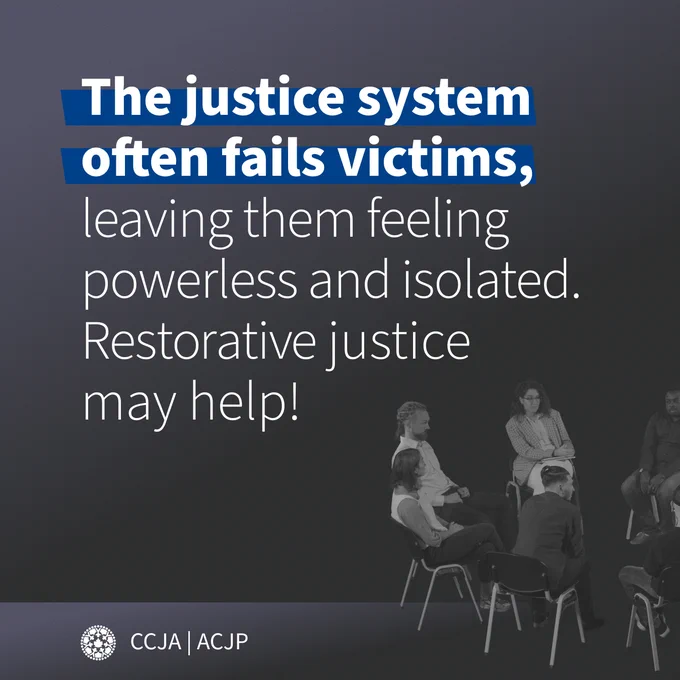 Restorative justice often leads to a higher rate of victim satisfaction, a lower rate of re-offending, and can benefit communities as a whole. Why aren’t we using it more often? 
Image: people sitting in a circle participating in a restorative justice session.