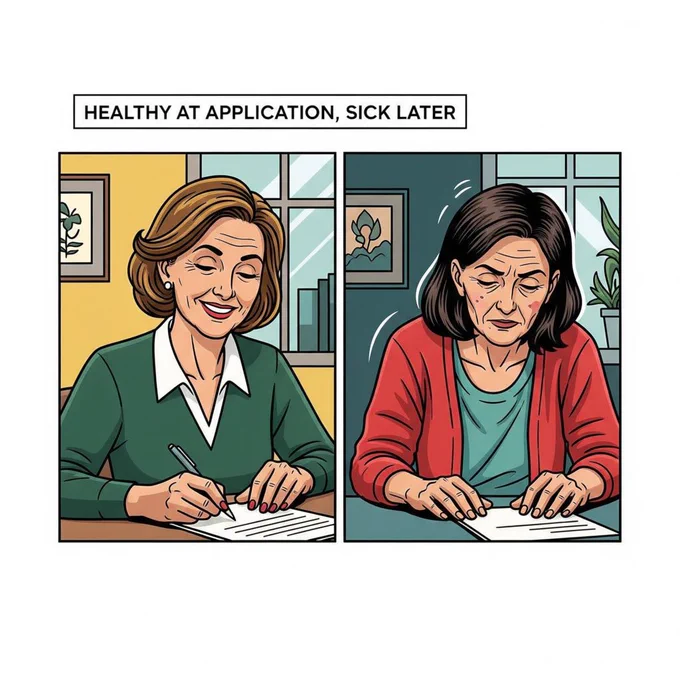 AI generated image illustrating the concept of "Healthy at application, sick later." Healthy-looking elderly woman shown on left panel signing a document. On the right panel, she is reading the document looking sick and frail.